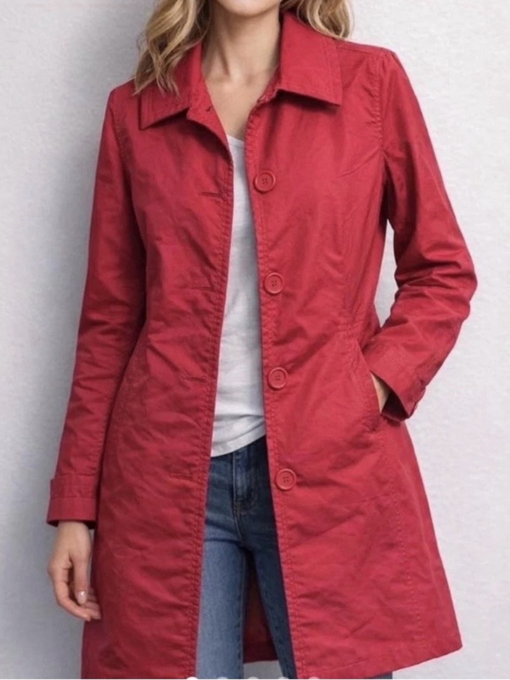 Eddie Bauer Red Trench Coat Small Lightweight Rain Jacket Button Front